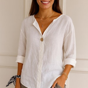 Leinenbluse mit V-Ausschnitt • Übergroßes Sommertop mit lockerer Passform