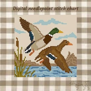 May include: A digital needlepoint stitch chart featuring a pixelated illustration of two ducks in flight over a blue body of water with reeds. The design includes brown, green, and blue tones against a light beige background with text at the top.