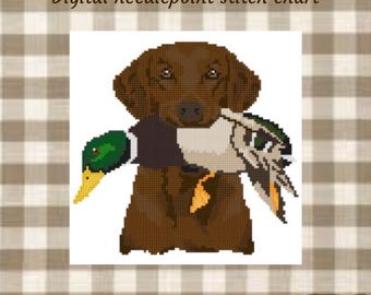 Könnte beinhalten: Digitales Kreuzstichmuster mit einem braunen Hund, der eine Ente im Maul hält. Die Ente hat grüne, braune und weiße Federn. Der Hund ist braun und der Text "Digital needlepoint stitch chart" steht oben.