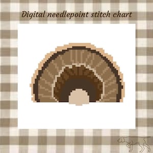 Puede incluir: Gráfico de punto de aguja digital con un diseño pixelado en tonos marrones y beige, con forma de abanico o semicírculo. El texto "Digital needlepoint stitch chart" está en la parte superior. El fondo tiene un patrón de cuadros.