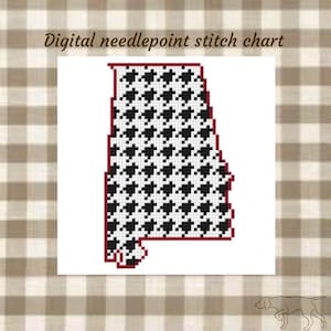 May include: Digital needlepoint stitch chart featuring the state of Alabama in a houndstooth pattern. The design is black and white with a red border. The background is a tan and white checkered pattern.