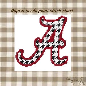 May include: Digital needlepoint stitch chart featuring a red and black letter "A" with a houndstooth pattern. The letter is outlined in red and set against a white background. The text "Digital needlepoint stitch chart" is at the top.