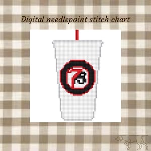 May include: Digital needlepoint stitch chart featuring a pixelated image of a white soda cup with a red and black prohibition sign. The sign depicts a dog. The background is a brown and white checkered pattern.