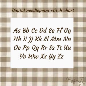 Puede incluir: Un gráfico digital de punto de aguja con el alfabeto en mayúsculas y minúsculas. Las letras son marrones y están en una fuente serif. El fondo es un rectángulo blanco sobre un patrón a cuadros beige y blanco.