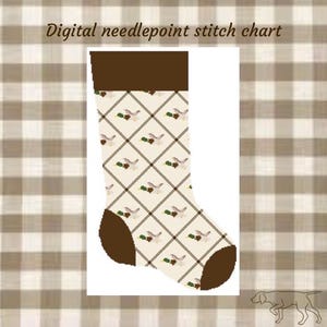 May include: A digital needlepoint stitch chart featuring a Christmas stocking design. The stocking has a solid brown cuff, heel, and toe, with a cream-colored body decorated in a brown diamond grid pattern containing small mallard duck motifs.