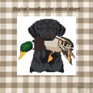 May include: Digital needlepoint stitch chart showing a black dog with a duck in its mouth. The duck has green, brown, and tan feathers. The dog has brown eyes. The background is a tan and white plaid pattern. The text reads "Digital needlepoint stitch chart".