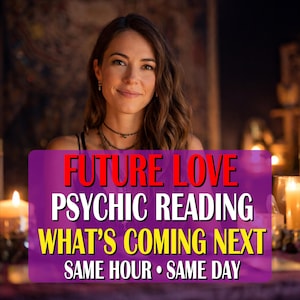 May include: A woman smiles in front of a blurred background with candles. A purple rectangle displays the words "FUTURE LOVE PSYCHIC READING WHAT'S COMING NEXT SAME HOUR SAME DAY" in red and yellow.
