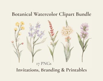 Botanical Watercolor Clipart Bundle for Invitations, Branding, Stickers & Printables