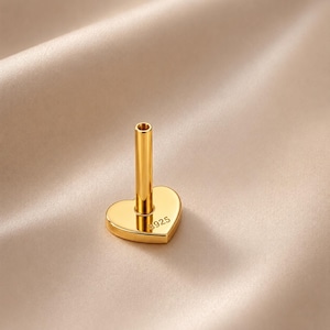 16G 8mm S925 Sterling Silver Heart Flat Back Earring Post, 18K Gold Plated Threaded Labret Stud Base