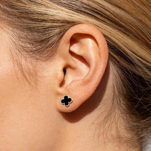 Gold Plated Sterling Silver Black Clover Stud Earrings, 10mm Minimalist Four Leaf Clover Earrings, Good Luck Jewelry Gift for Her