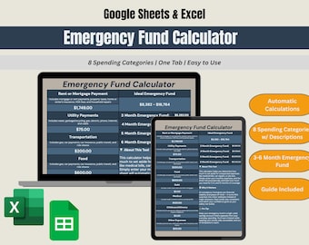 May include: A digital financial planning tool displayed on a laptop and tablet, titled "Emergency Fund Calculator." The screen shows expense categories and ideal fund amounts. Includes "Automatic Calculations" and "8 Spending Categories w/ Descriptions."