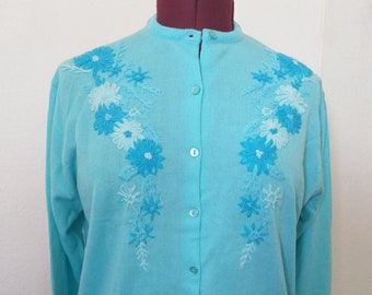 Blue Cardigan Don Caporeli of California Embroidered Flowers