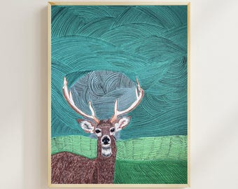 Deer Painting Print, Stag Wall Art, Modern Nature Decor
