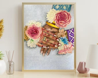 May include: A framed art print depicting two hands joined together, adorned with intricate henna patterns and a gold ring. The hands are surrounded by clusters of pink roses, white flowers, and blue accents, set against a textured light gray background.