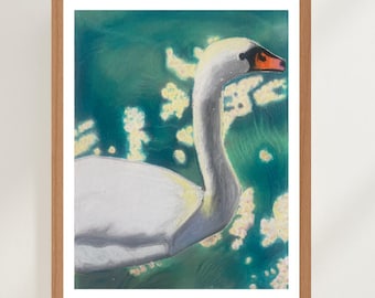 Swan Wall Art Print, Oil Pastel Swan, Elegant Nature Decor