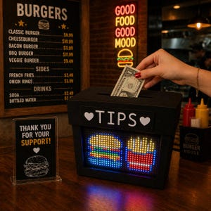 May include: A black rectangular tip box featuring the word TIPS flanked by white hearts, with a front-facing LED pixel display showing a colorful burger and fries graphic. A hand inserts a one-dollar bill into the top slot of the container.