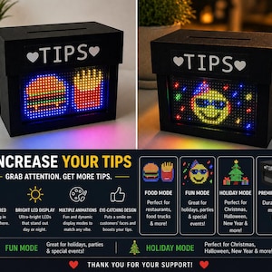 May include: Black LED tip box with the word "TIPS" and a heart symbol. The display shows animated images of a burger and fries, and a smiley face. The box is USB powered and has multiple animation modes. Text on the box reads "INCREASE YOUR TIPS".
