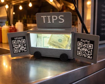 Food Truck Tip Box with QR Code | USB LED Tip Jar | Cash + Custom Digital Tipping | Venmo Cash App PayPal
