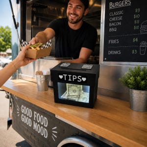 May include: A black tip box with the word "TIPS" in white letters and two hearts. The box is on a wooden counter in a food truck. The food truck has the words "GOOD FOOD GOOD MOOD" on the side. A person is handing a customer a box of food.