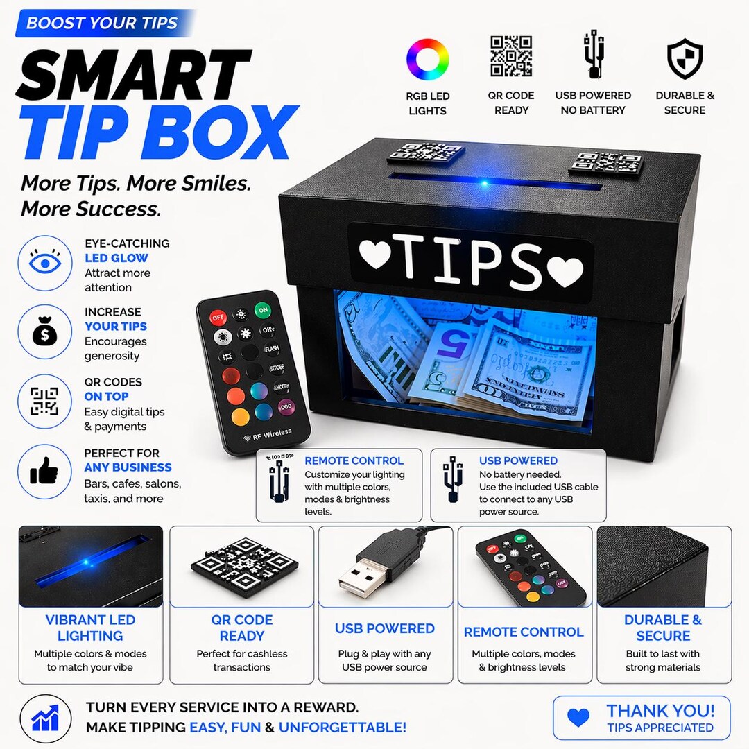 Custom RGB LED Tip Box, Remote Control, QR Codes for Venmo, Cash App ...