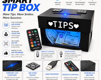 Custom RGB LED Tip Box, Remote Control, QR Codes for Venmo, Cash App, PayPal