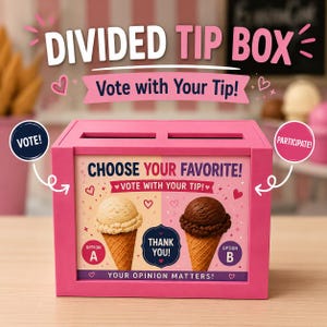 May include: A pink rectangular divided tip box with two slots on top. The front features a sign reading CHOOSE YOUR FAVORITE! VOTE WITH YOUR TIP! with images of vanilla and chocolate ice cream cones labeled Option A and Option B.