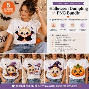 Peut inclure: Un t-shirt blanc avec un personnage de ravioli en dessin animé déguisé en vampire avec des ailes noires et une cape doublée de rouge, entouré de petites étoiles violettes et de chauves-souris, avec le texte Halloween Dumpling PNG Bundle.