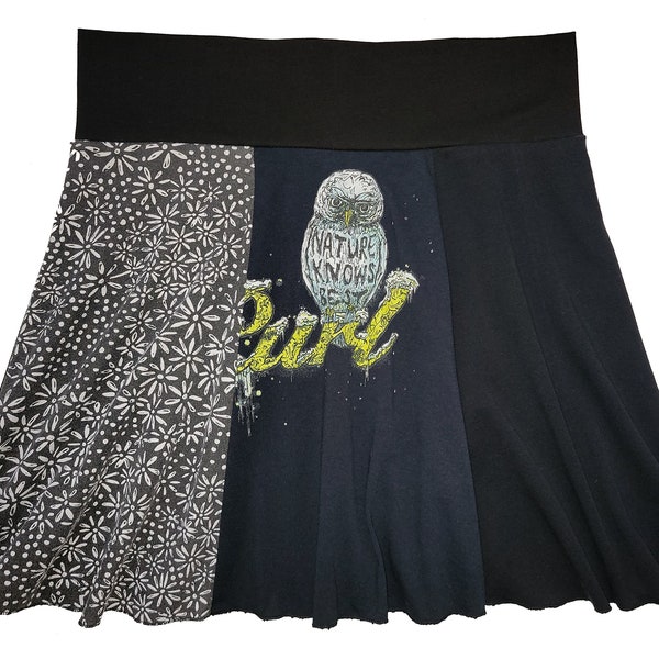 Upcycled Owl T-Shirt Skirt Women's Medium Large Size 8 10 12 Black and White Above the Knee Skirt Best Selling Twinklewear