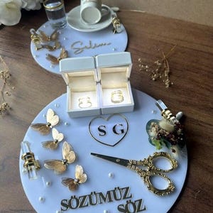 Ensemble Söz Tepsisi - Ensemble de plateaux porte-bagues, Söz, Nişan, Nikah, décoration de mariage en acrylique fait main, Tepsi Seti, plateau turc image 4