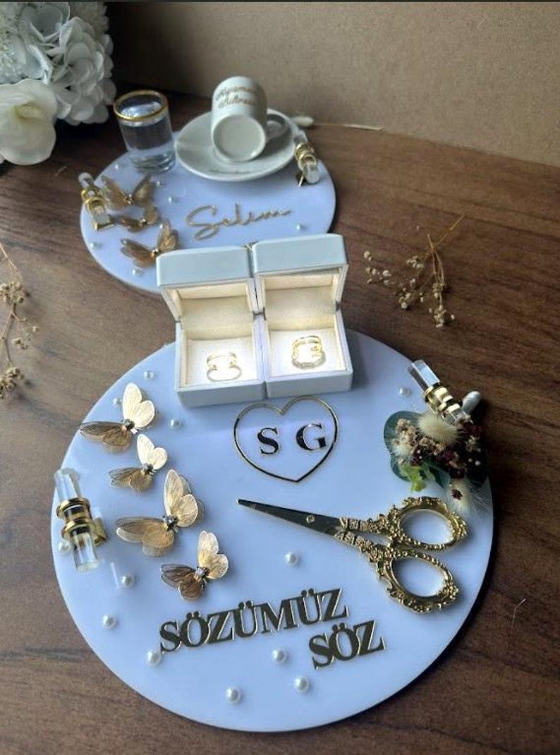 Ensemble Söz Tepsisi - Ensemble de plateaux porte-bagues, Söz, Nişan, Nikah, décoration de mariage en acrylique fait main, Tepsi Seti, plateau turc image 4