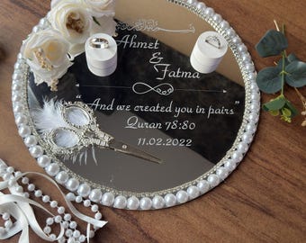 Plaque anneau miroir personnalisée - Ensemble de plaques anneau miroir, Nikkah et fiançailles, décoration de support pour alliances, plateau pour bagues