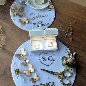 Ensemble Söz Tepsisi - Ensemble de plateaux porte-bagues, Söz, Nişan, Nikah, décoration de mariage en acrylique fait main, Tepsi Seti, plateau turc image 1