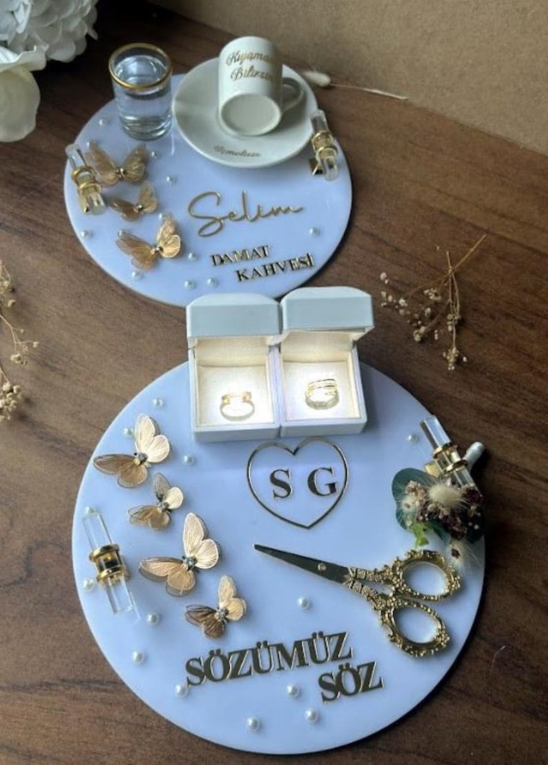 Ensemble Söz Tepsisi - Ensemble de plateaux porte-bagues, Söz, Nişan, Nikah, décoration de mariage en acrylique fait main, Tepsi Seti, plateau turc image 1