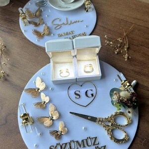 Ensemble Söz Tepsisi - Ensemble de plateaux porte-bagues, Söz, Nişan, Nikah, décoration de mariage en acrylique fait main, Tepsi Seti, plateau turc image 2