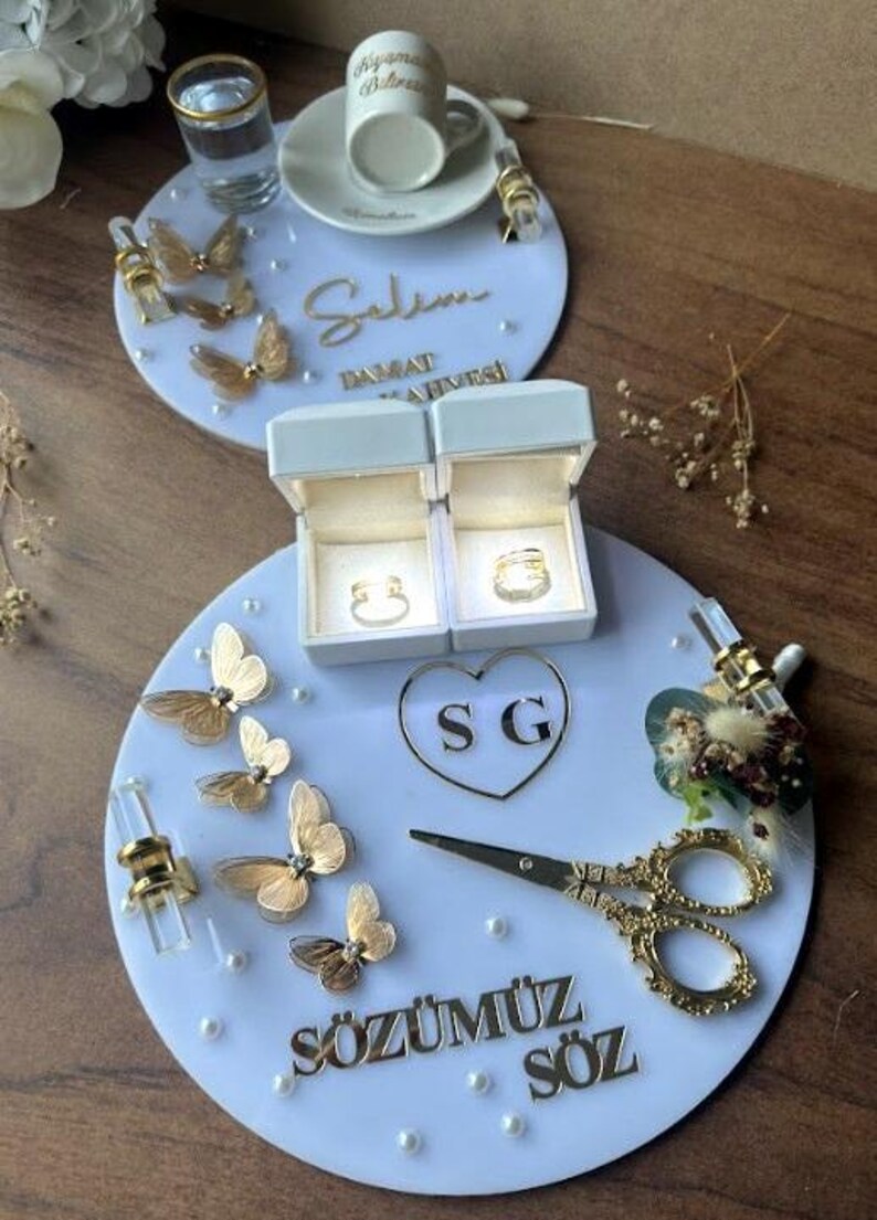 Ensemble Söz Tepsisi - Ensemble de plateaux porte-bagues, Söz, Nişan, Nikah, décoration de mariage en acrylique fait main, Tepsi Seti, plateau turc image 2