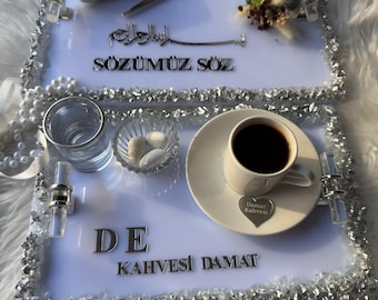 Damat Kahvesi Tepsi | Coffee Tray Set for Groom for Coffee Ceremony & Wedding - Handmade Acrylic Tray Decor, Ring Tray