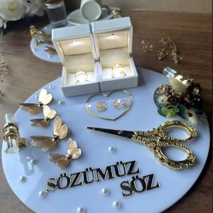 Ensemble Söz Tepsisi - Ensemble de plateaux porte-bagues, Söz, Nişan, Nikah, décoration de mariage en acrylique fait main, Tepsi Seti, plateau turc image 3