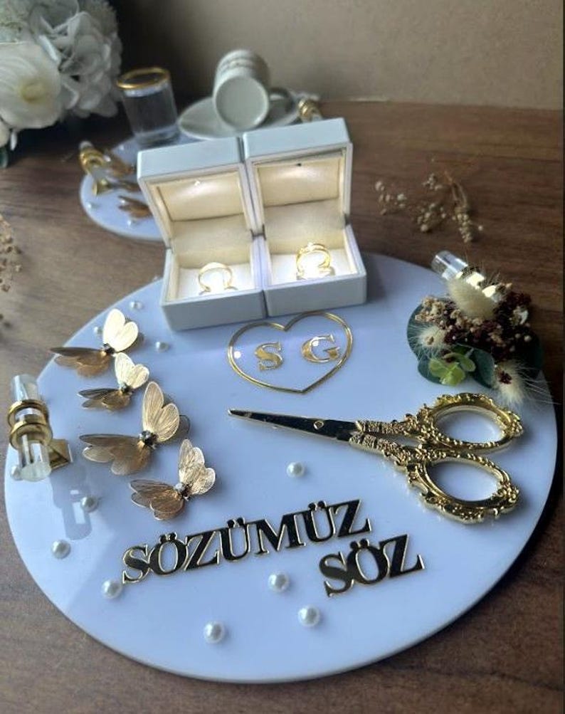 Ensemble Söz Tepsisi - Ensemble de plateaux porte-bagues, Söz, Nişan, Nikah, décoration de mariage en acrylique fait main, Tepsi Seti, plateau turc image 3