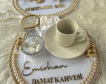 Service steme Tepsi personnalisé : plateau pour bagues et café tepsi pour İsteme Söz Nişan | Décoration de cérémonie nuptiale, décoration de fiançailles
