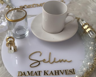 Damat Kahve Tepsi | Ensemble de plateau à café pour le marié pour la cérémonie du café et le mariage - Plateau décoratif en acrylique fait main, cadeau de mariage