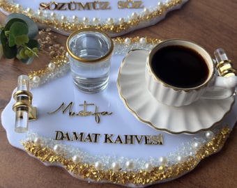 Personalized Damat Kahvesi Tray: Coffee Tray Set for Groom for Coffee Ceremony & Wedding | Turkish Wedding Decor