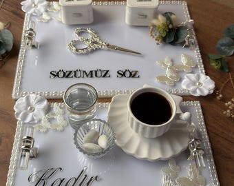 Koffieset bruidegom - Koffieset voor bruidegom, koffieceremonie en bruiloft, handgemaakt acryl dienblad decor, verlovingsdecor