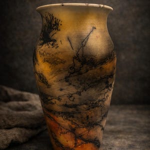 May include: A handcrafted ceramic vase with a unique, textured surface. The vase features a warm color palette of orange, yellow, and black, with intricate, dark, lightning-like patterns. The vase has a wide body and a slightly flared rim.