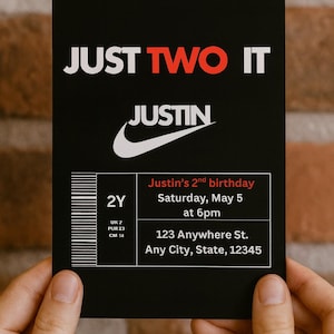 Just Two It | 2歳の誕生日パーティー招待状 | ナイキ＆スニーカーテーマパーティー | Canva編集可能テンプレート