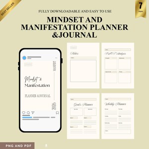 Könnte beinhalten: Ein digitaler Download mit einem Mindset and Manifestation Planner & Journal. Das Bild zeigt ein Smartphone-Mockup mit dem Titel des Planers und druckbaren Seiten für Notizen, SWOT-Analyse, Ziele und Wochenplanung. Das Design ist in Beige und Schwarz gehalten.