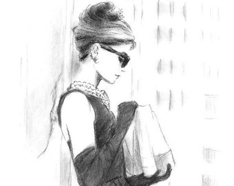 Audrey Hepburn Breakfast at Tiffany's - Charcoal Pencil Drawing - Black and White