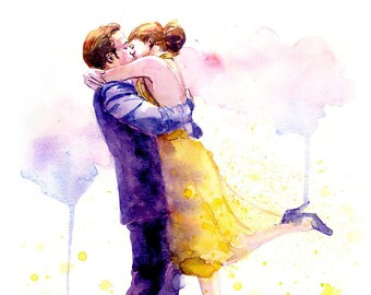 Romantic Couple Kissing Watercolor Painting Print - Ryan Gossling Emma Stone