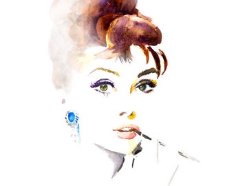 Audrey Hepburn Breakfast at Tiffanys Watercolor Portrait Painting