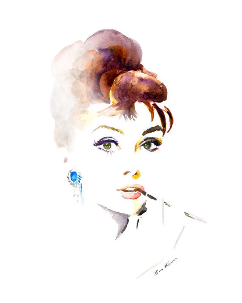 Audrey Hepburn Breakfast at Tiffanys Watercolor Portrait Painting image 1