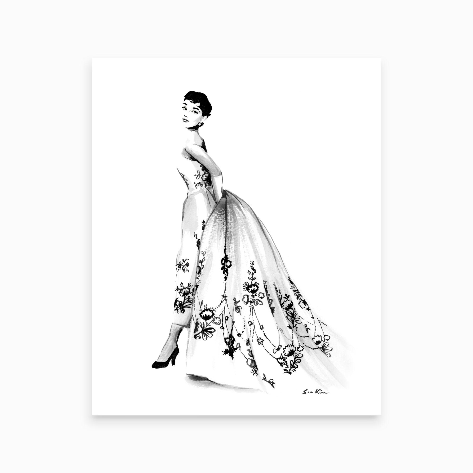 Audrey Hepburn Print, Sabrina, Black and White Art Print, Ink